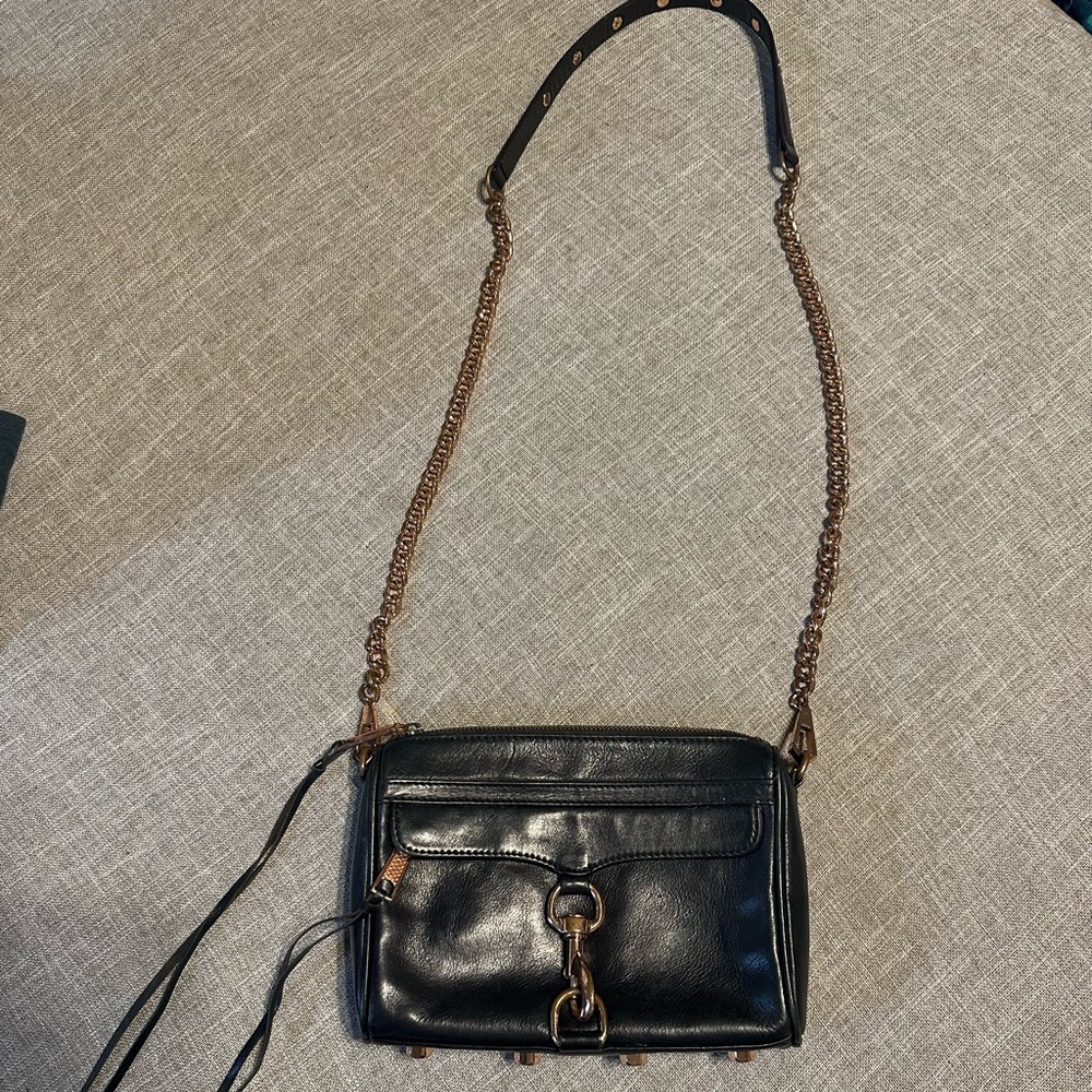 Black Leather & Rose Gold Rebecca Minkoff Mini Mac Crossbody